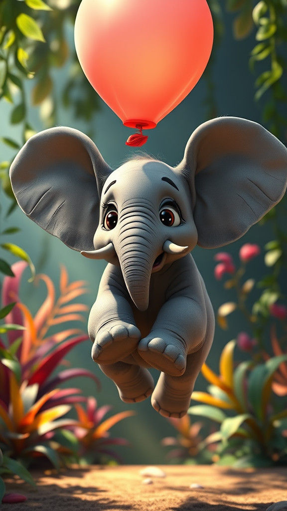 Playful Baby Elephant Jumps for Balloon: Pixar-Style