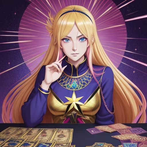 Blonde Tarot Reader with Phoenix Headband in Manga Style