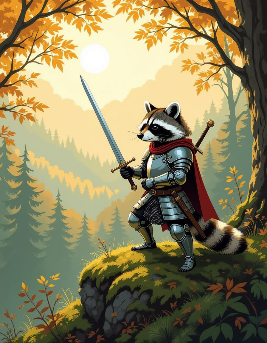 Raccoon Knight Overlooking Forest, Painterly Style