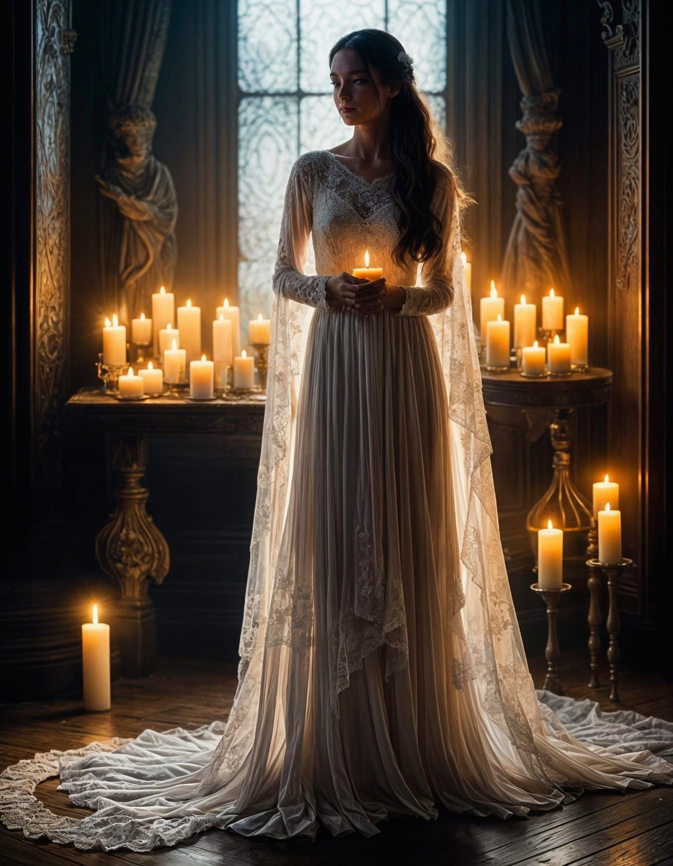 Ethereal Woman in Candlelit Room: Gothic Photography