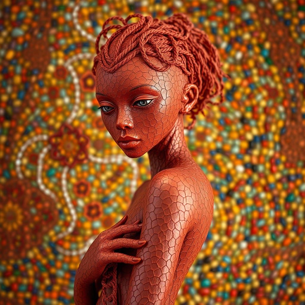 claylike smooth red skin scaley, yarn like skinned person, s...