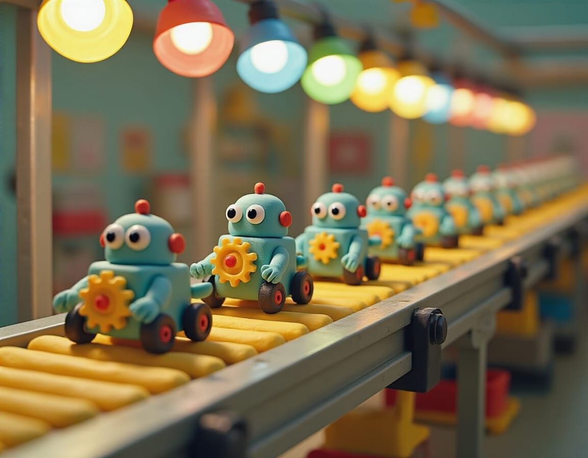 Playdough Robot Assembly Line: Whimsical Macro Image