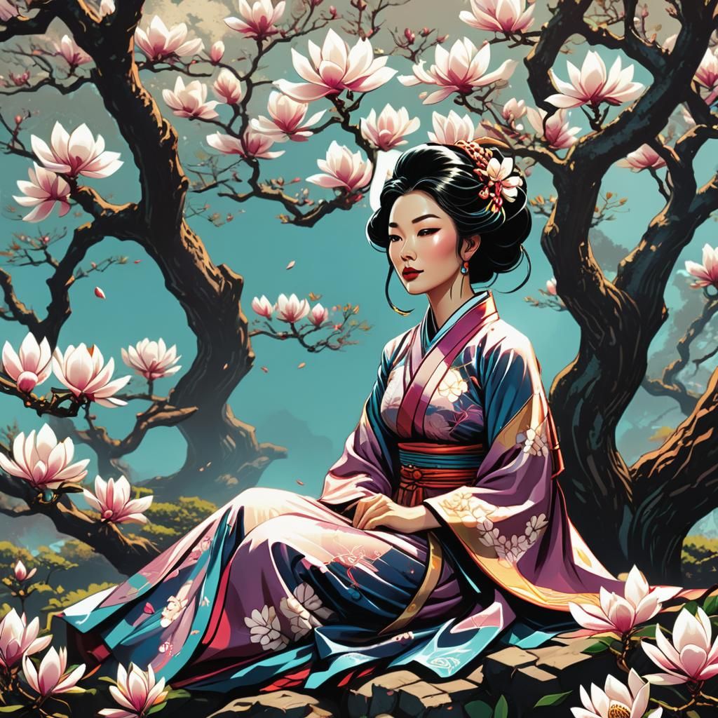 Retro Comic Book Lady Under Magnolia Tree