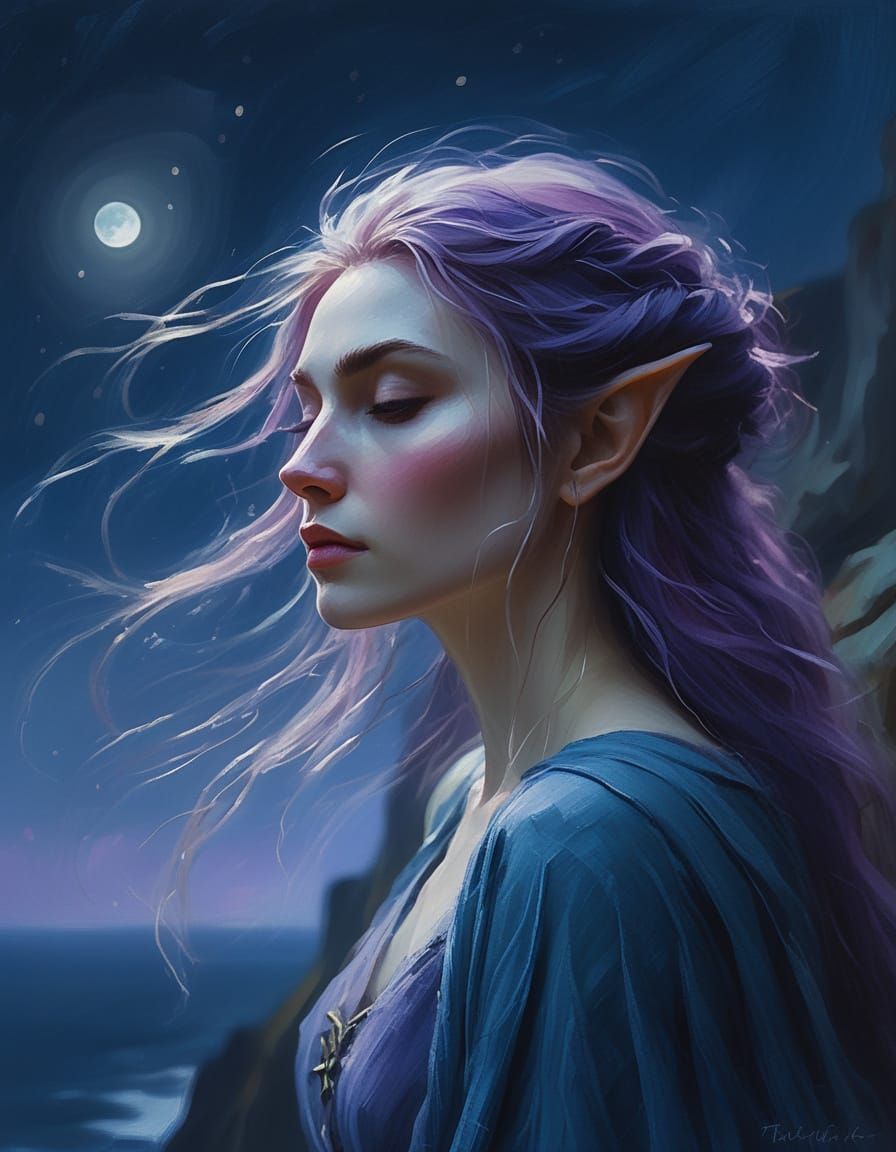 Elf Woman on Cliff at Night: Impressionist Painting