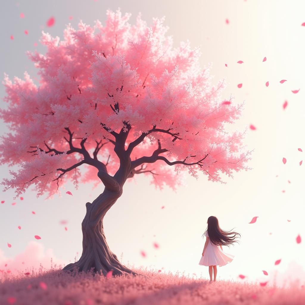 Girl Under Cherry Blossom Tree in Matte Painting Style