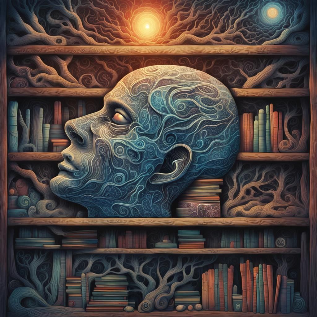 Surreal Head in Astral Dreamscape, Mixed Media Art