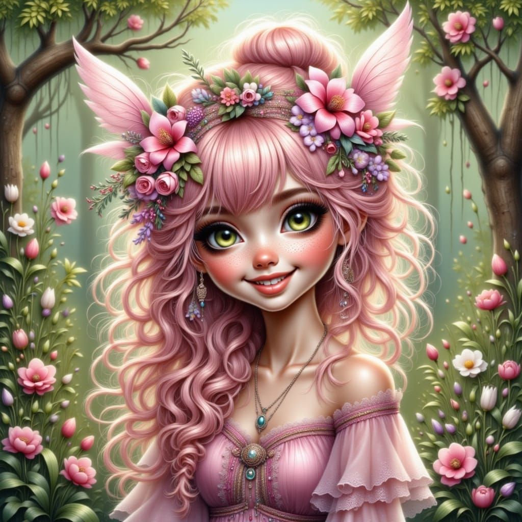 Dreamy Flower Fairy with Pink Hair in Magical Forest