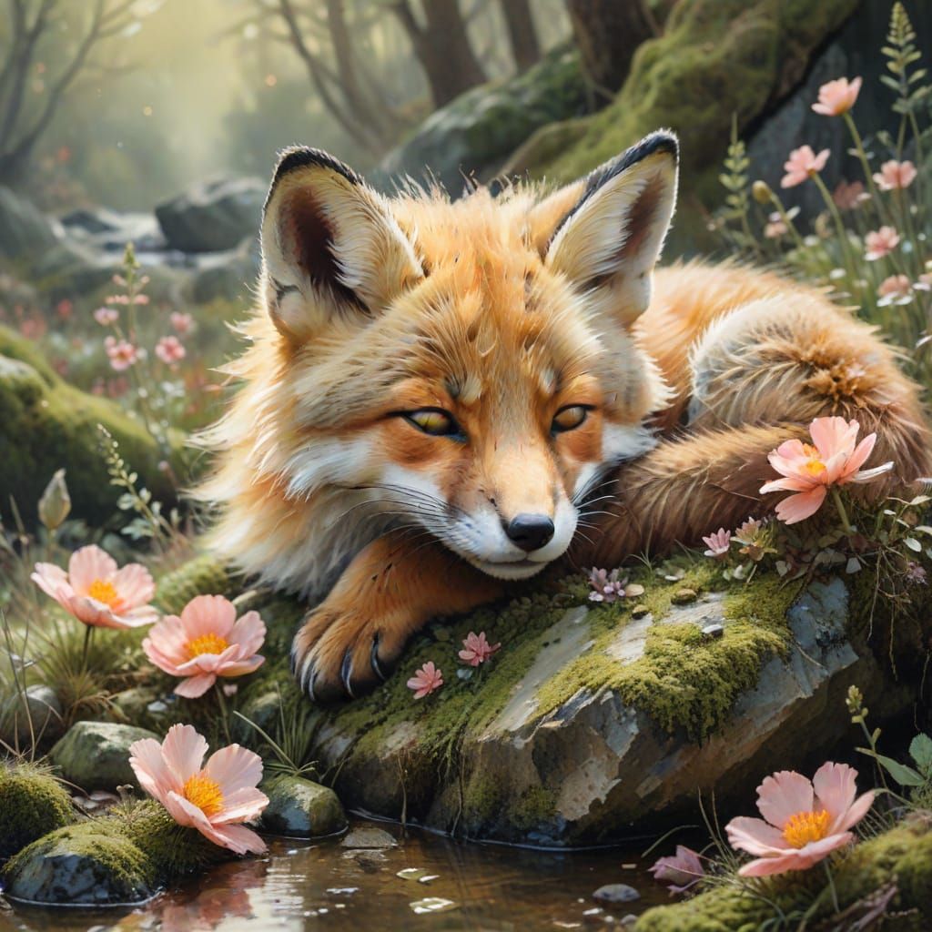 Watercolor Fox Cub Napping on Mossy Rock with Poppies