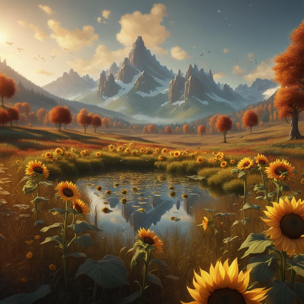 Autumn Sunflowers by Pond: Fantasy Concept Art
