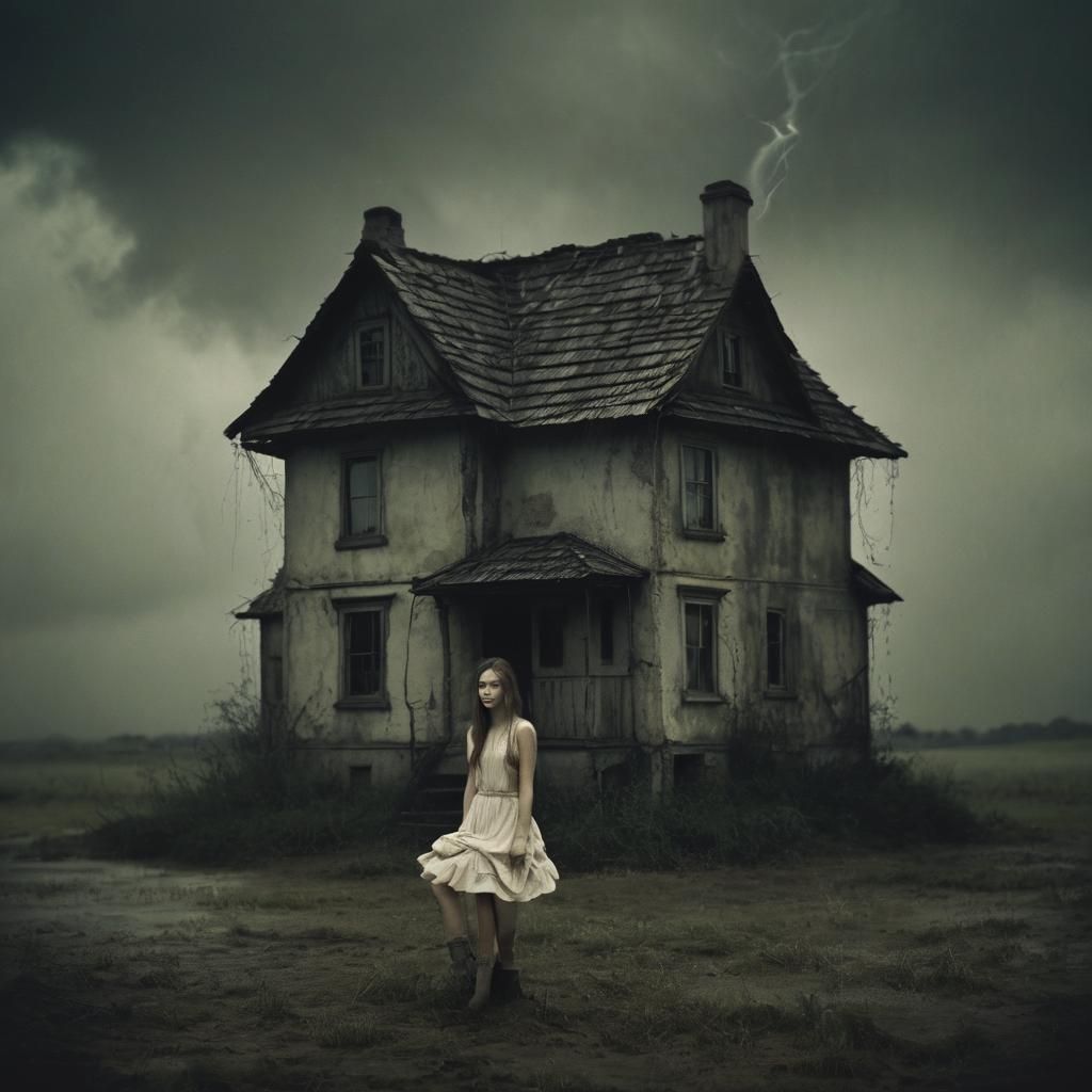 Girl Smiles in Thunderstorm, Dreaming of Enchanted House