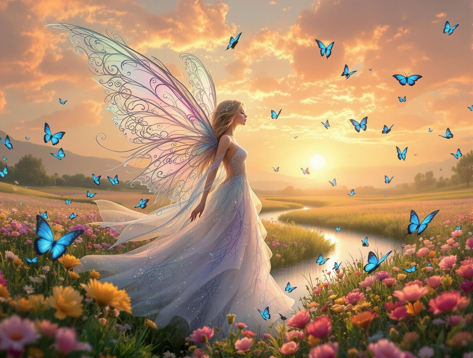 Vibrant Fairy in Spring Flower Field, Winding River, and Sun...