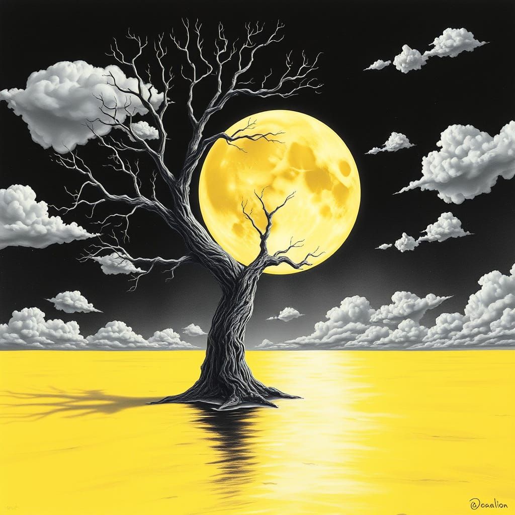 Surrealist Tree Dives into Yellow Sea in Dalí-Inspired Night...