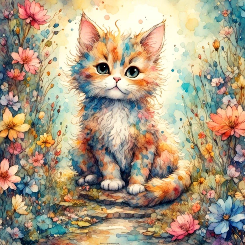 Adorable Chibi Cat in Fairytale, Antique Watercolor Style