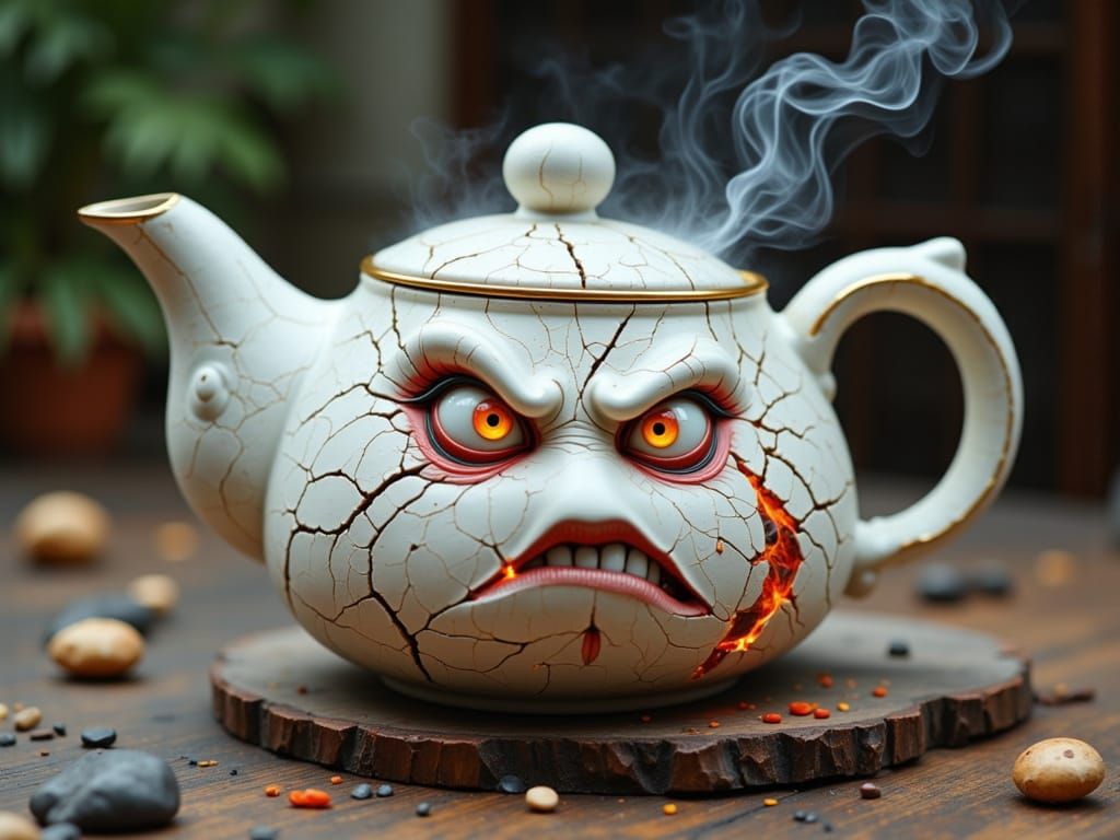 Angry White Teapot Cracks and Turns Red with Steam