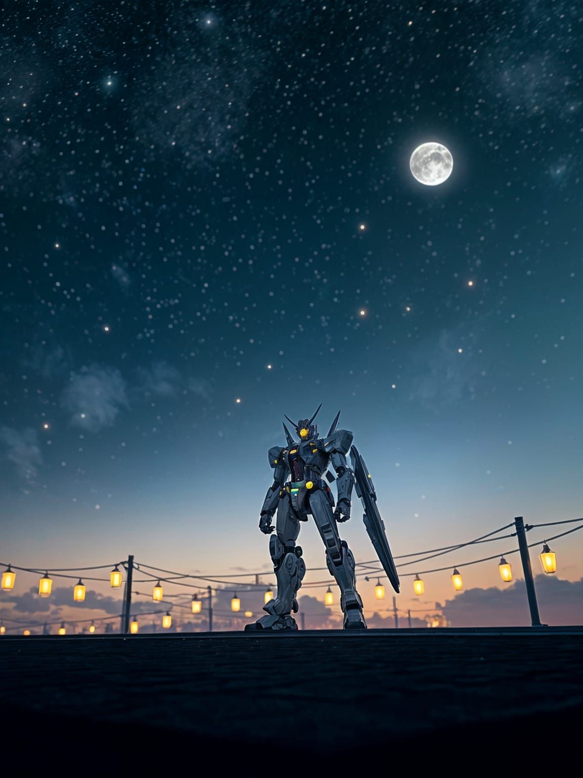 A contemplative anime-style mecha