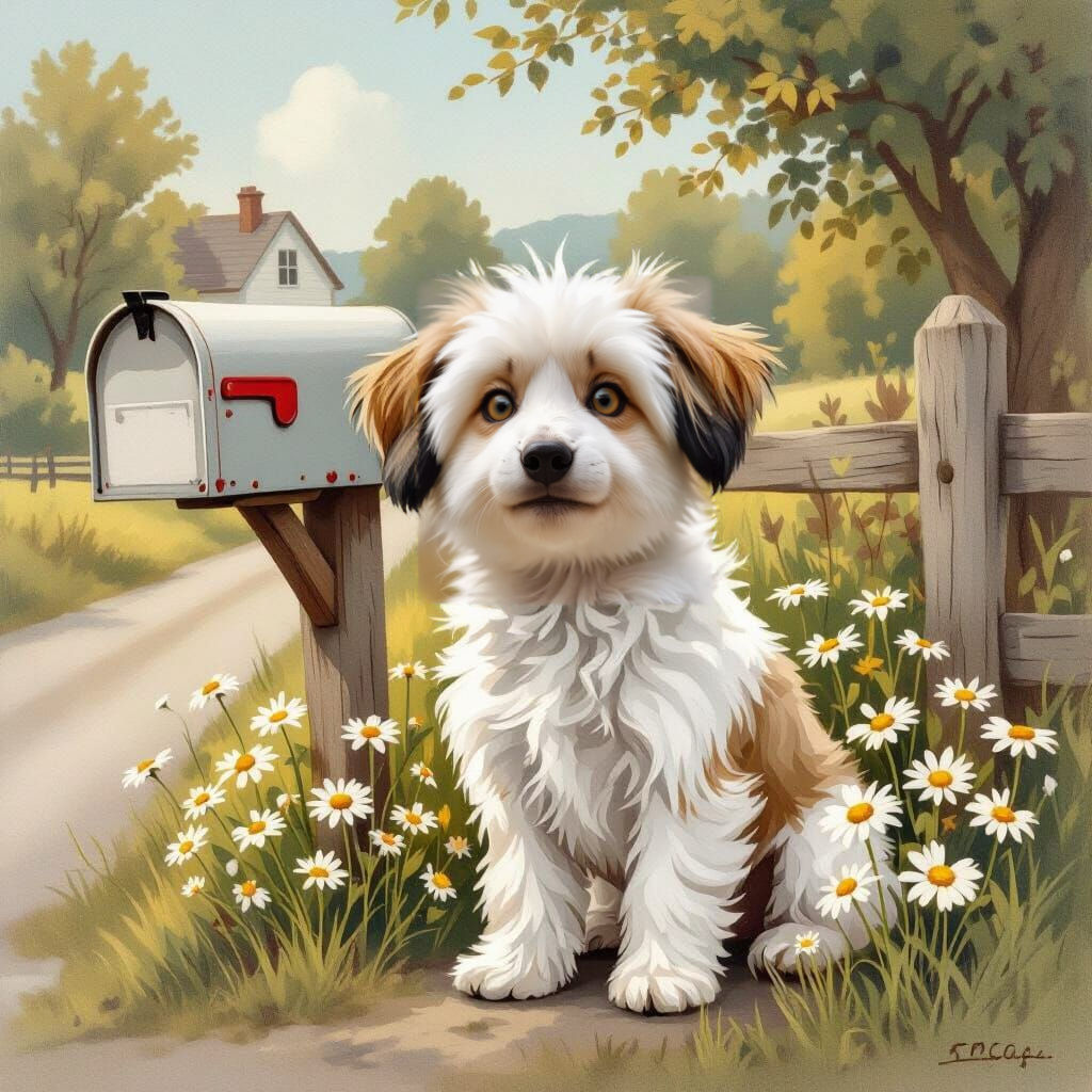 Shaggy Dog Sits By Country Mailbox