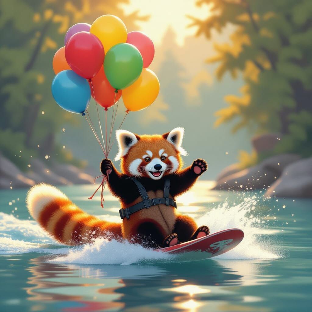 Red Panda Wakeboarding with Balloons in Golden Hour Light