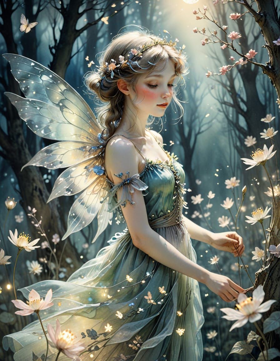 Ethereal Spring Fairy in Moonlit Forest, Vintage Watercolor ...