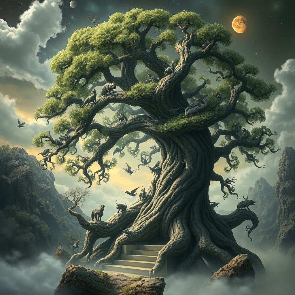 Ancient Tree Grows From Musical Note in Surreal Dreamscape