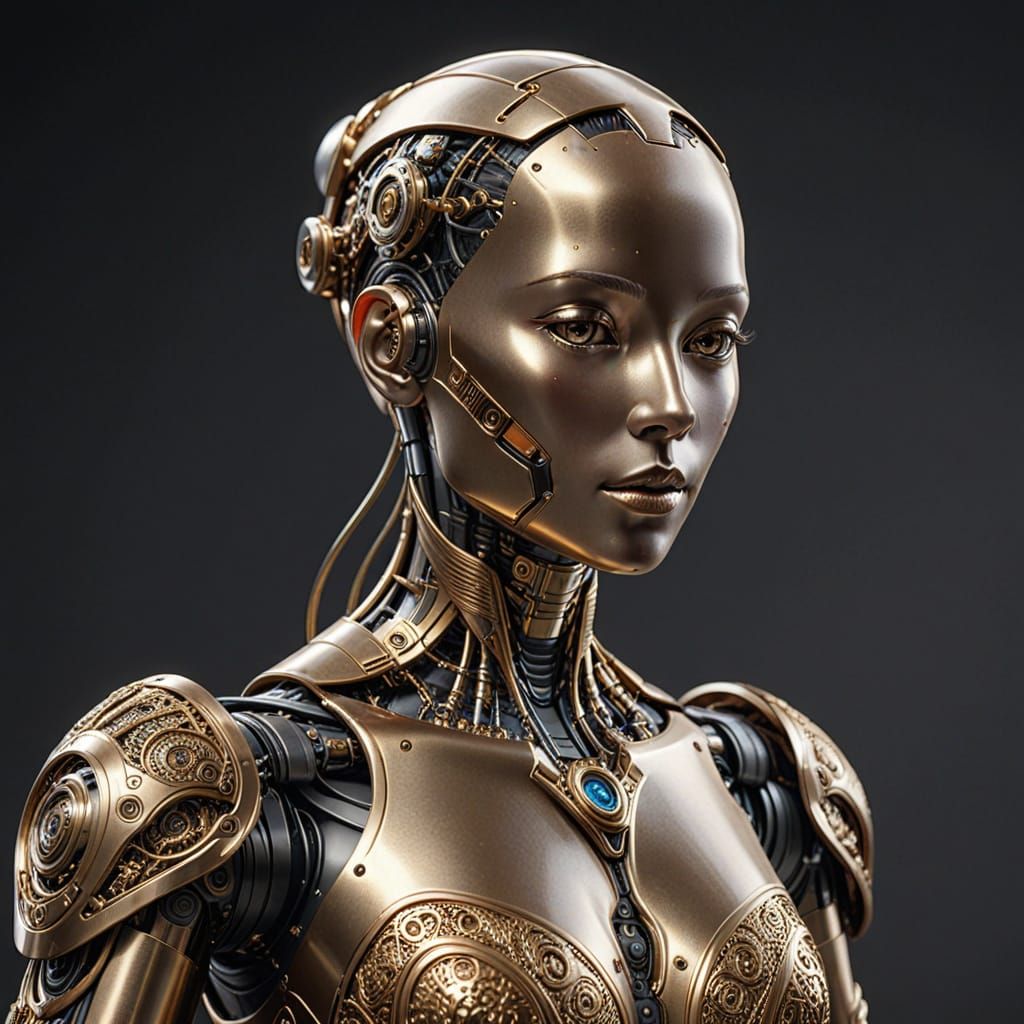 Bronze Female Robot with Gold Embossing in Retrofuturism