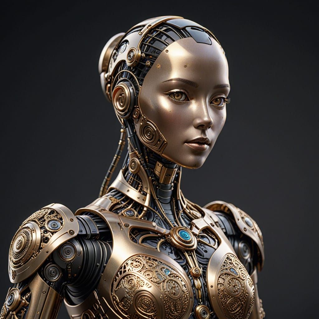 Bronze Female Robot with Gilded Embossing in Retrofuturist S...