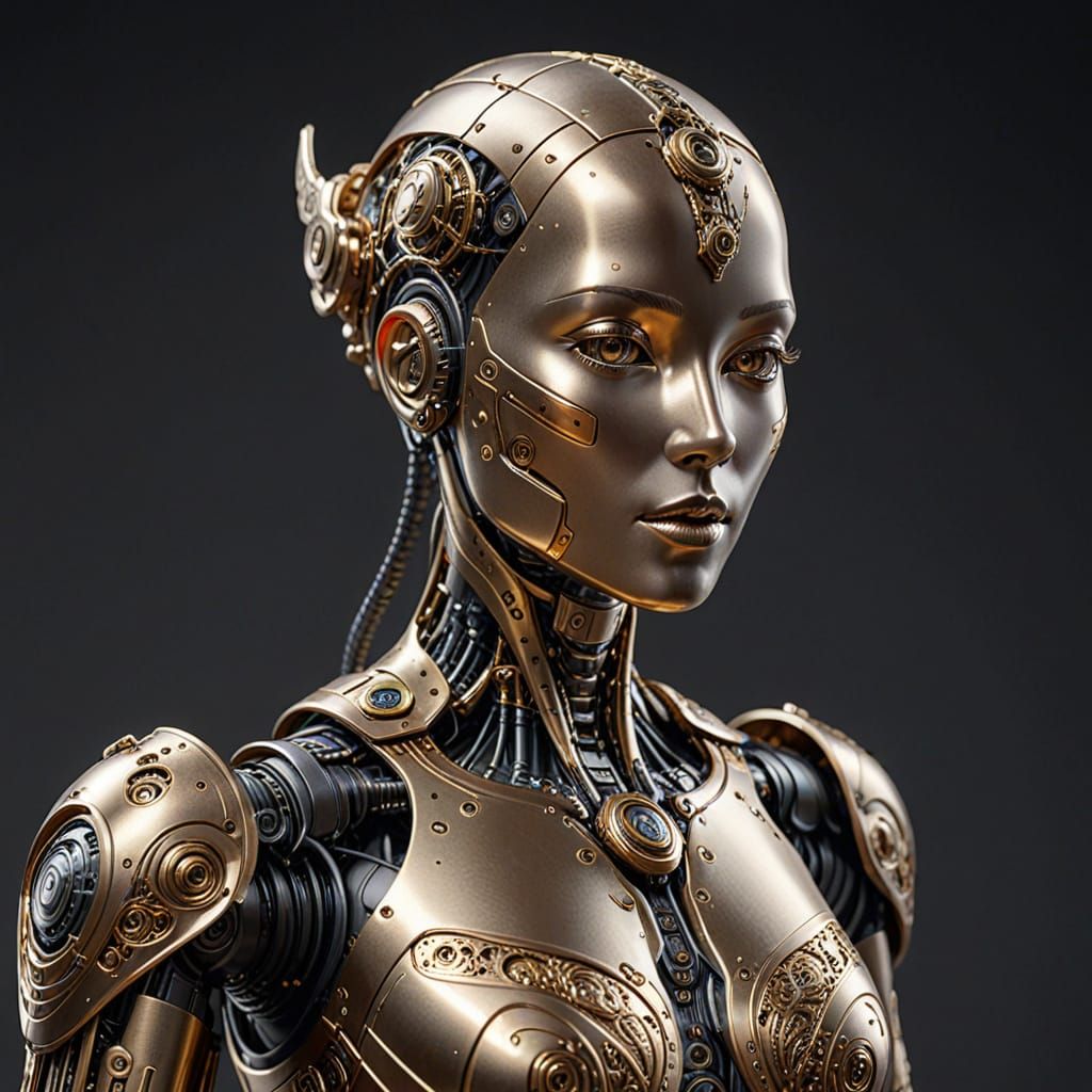 Bronze Female Robot with Gilded Embossing in Retrofuturistic...