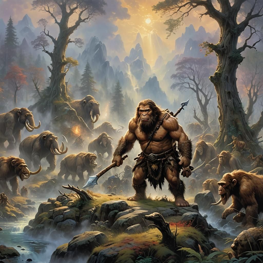 Neanderthal Mammoth Hunt in Ethereal Fantasy Style