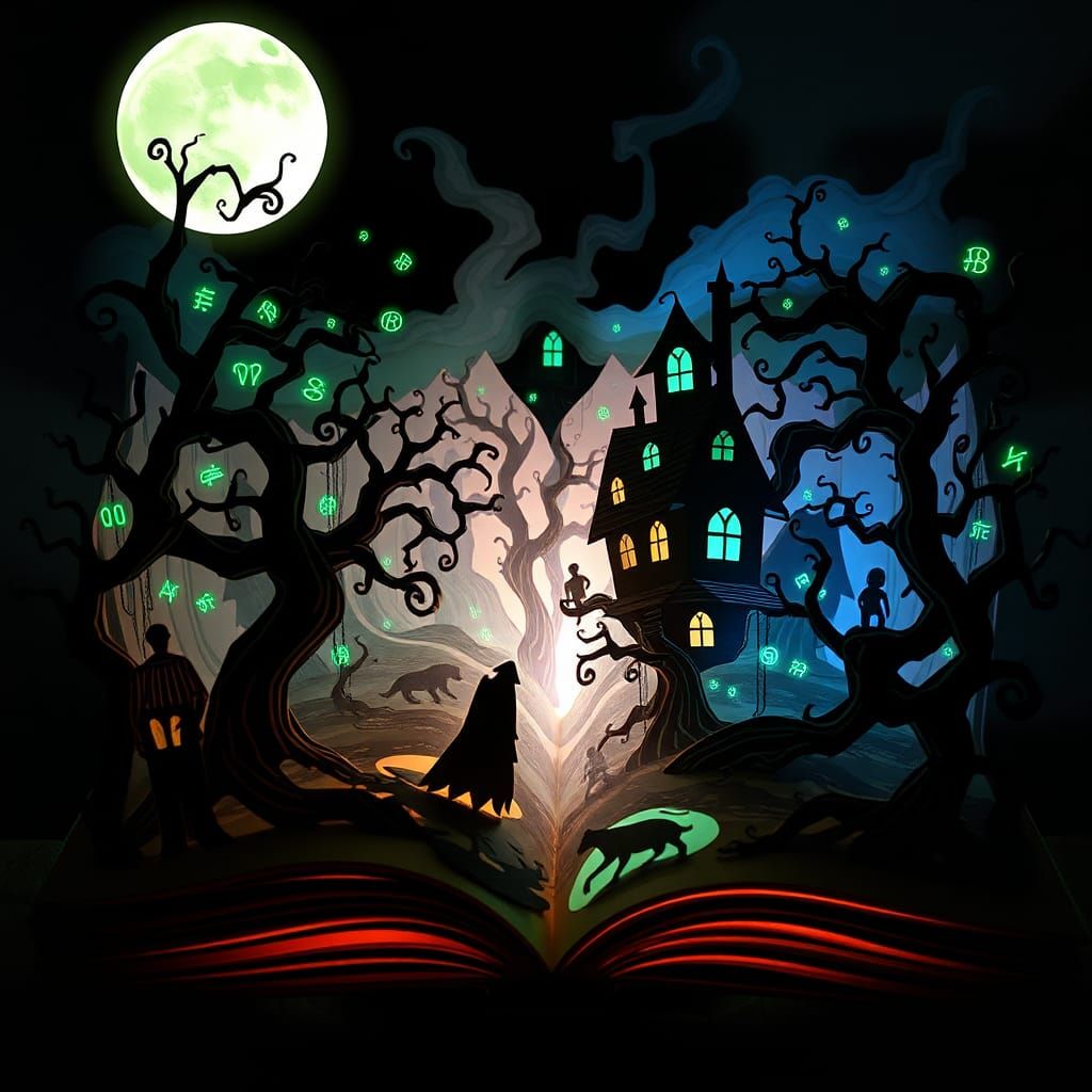 Surreal Pop-Up Book with Shadowy Figures