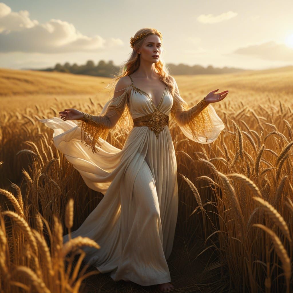 Golden Norse Goddess in Wheat Field