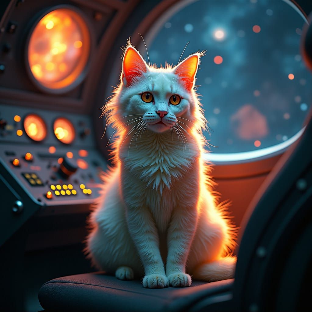 Iridescent Space Cat in Spaceship Cockpit