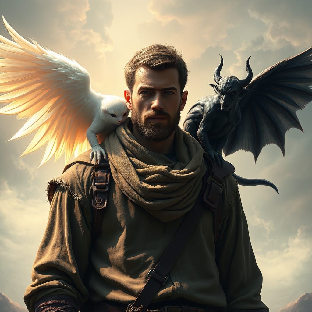 Man at Crossroads Surrounded by Angel and Devil