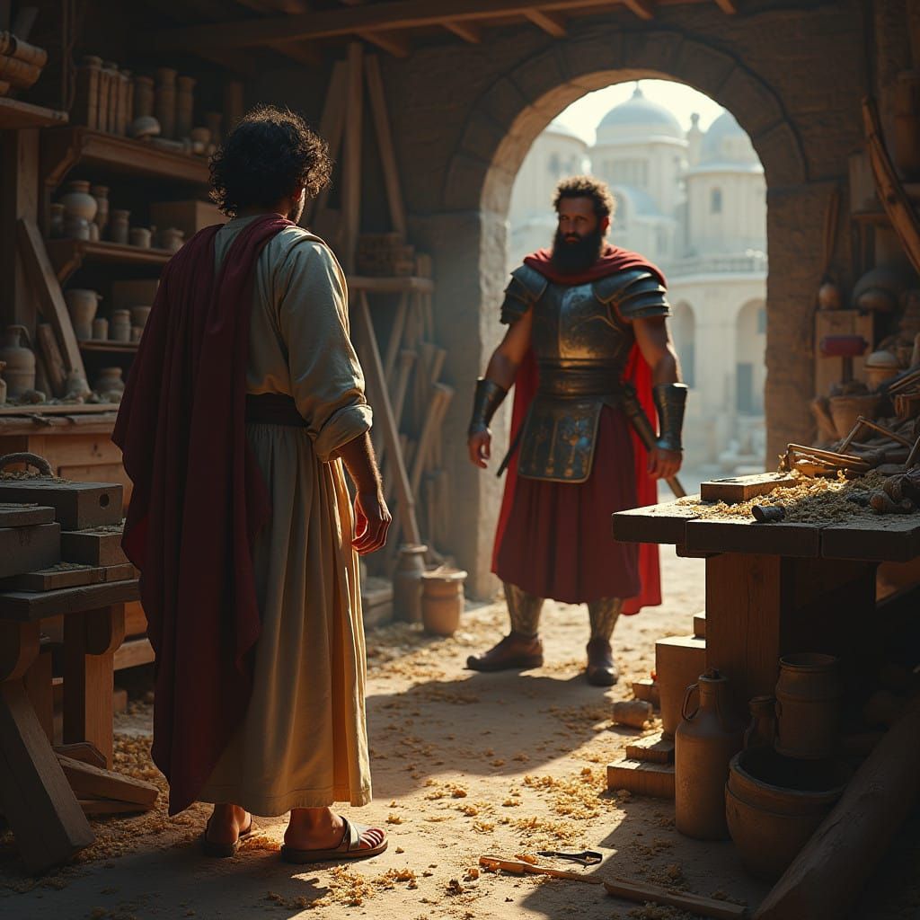 Roman Soldier Confronts Jewish Carpenter in Cluttered Worksh...