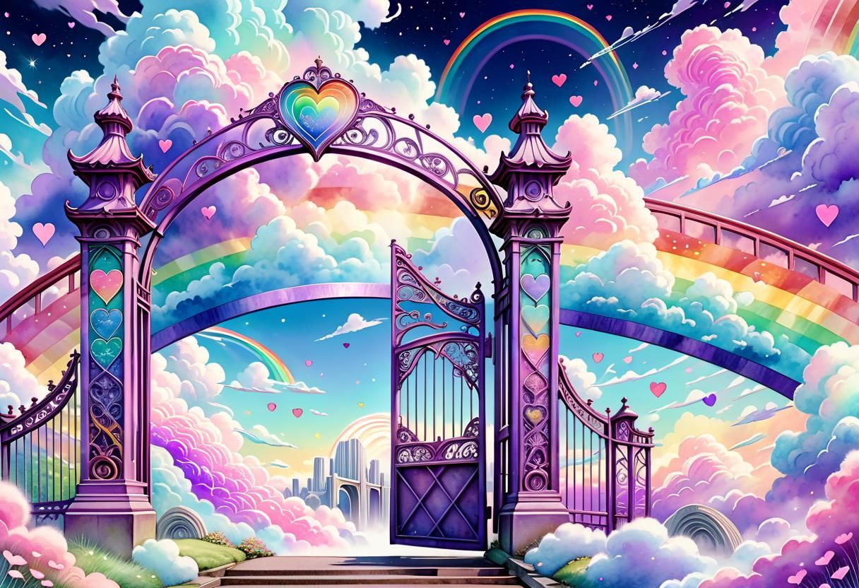 Rainbow Bridge Gate in Art Nouveau Watercolor Style
