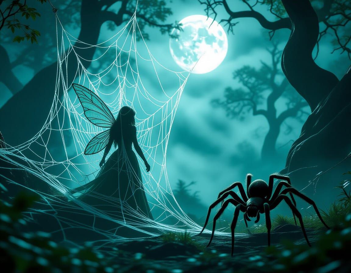 Fairy Caught in Spiderweb in Misty Forest