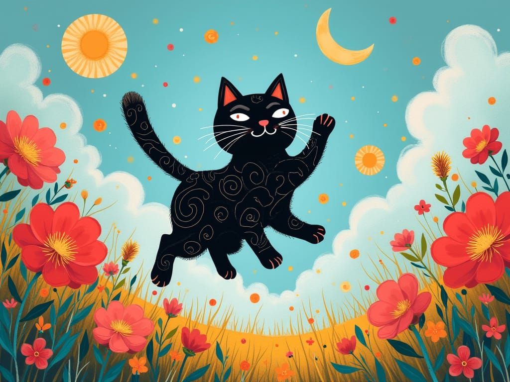 Whimsical Black Cat Leaping Through Dreamscape