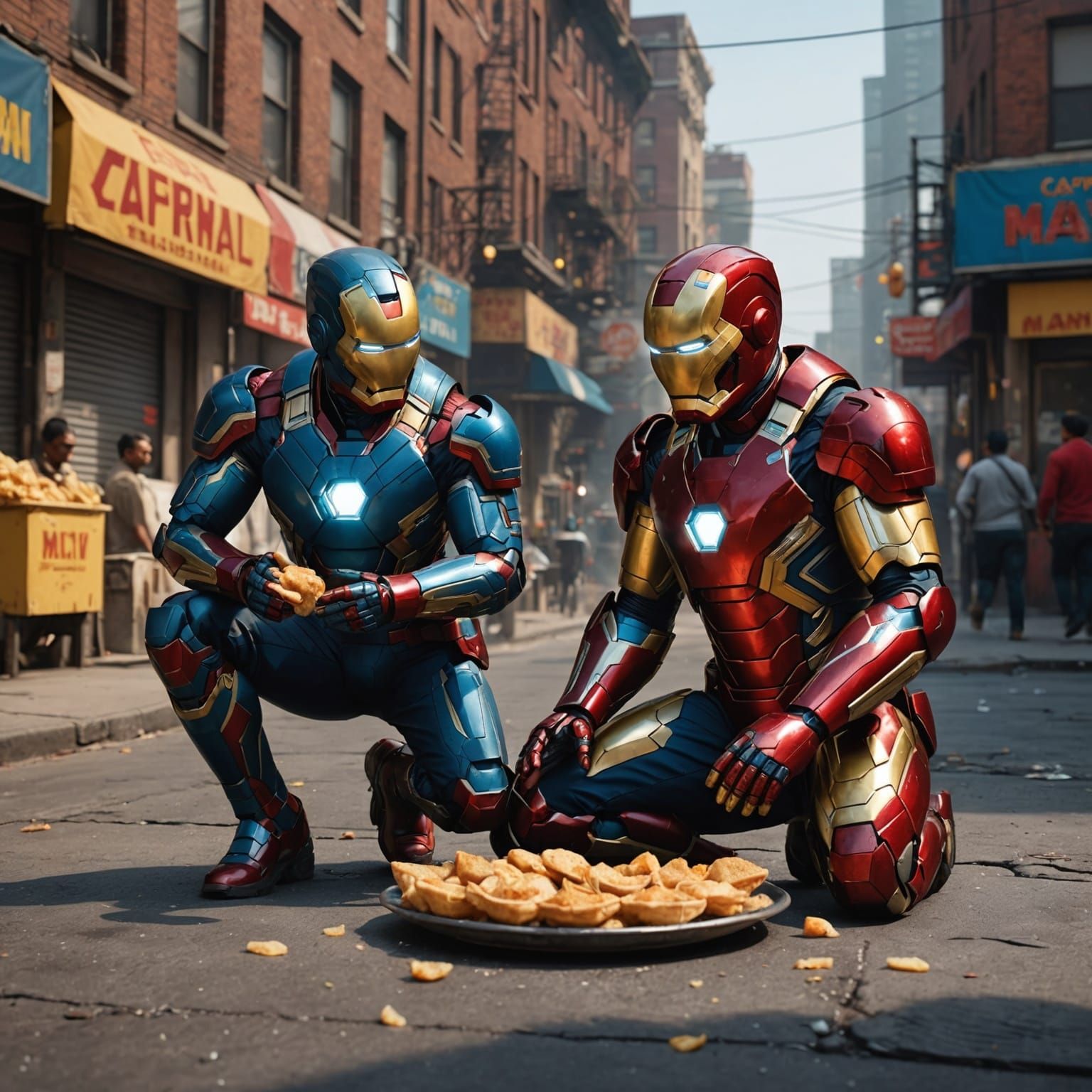 Iron man and captain Marvel fusion eating paani Puri on the street filled with MCU villiams targeting to kill