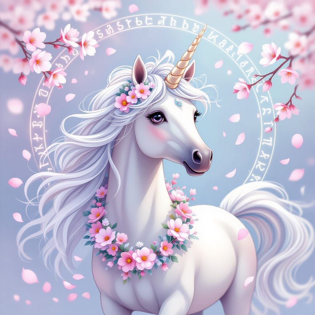 Unicorn Spirit in Watercolor Style with Cherry Blossoms