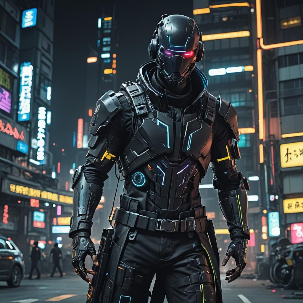 Cyberpunk Assassin Leaps from Futuristic City Rooftop