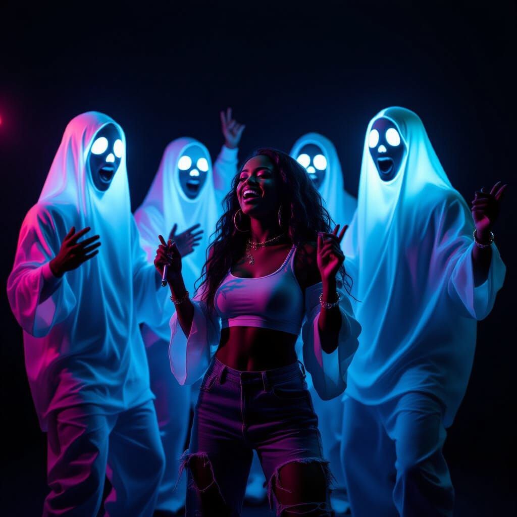 Glowing Ghost Figures at a Hip Hop Party