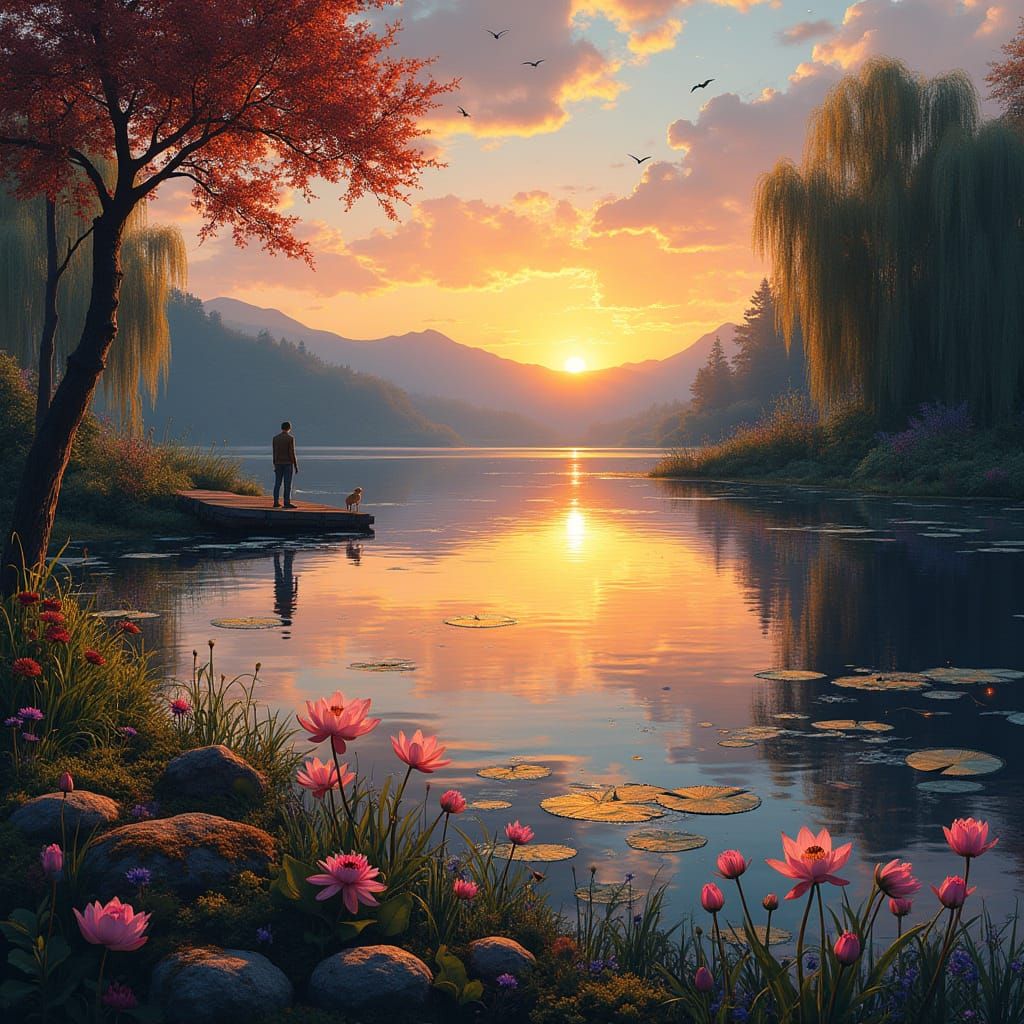 Dreamlike Sunset Lake Scene in Digital Painting