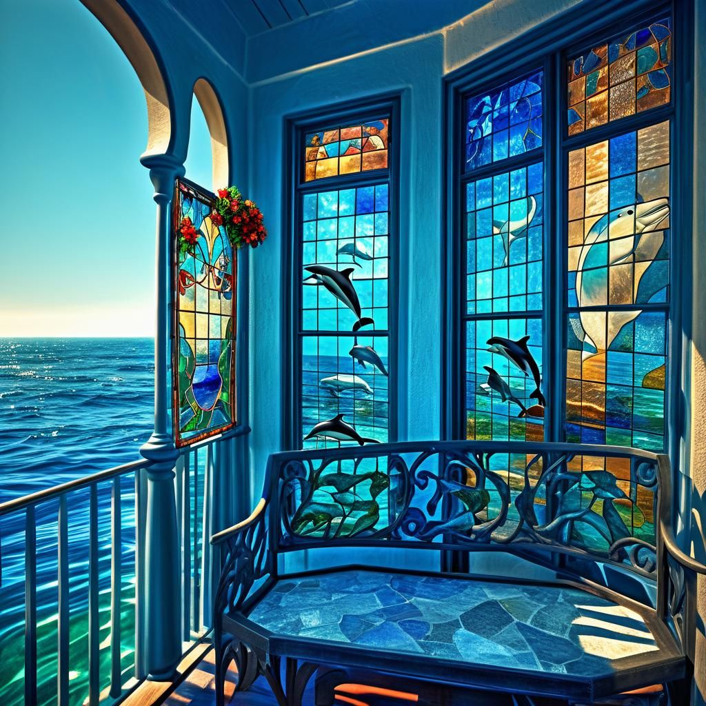 Oceanside Balcony with Stained Glass and Marine Life