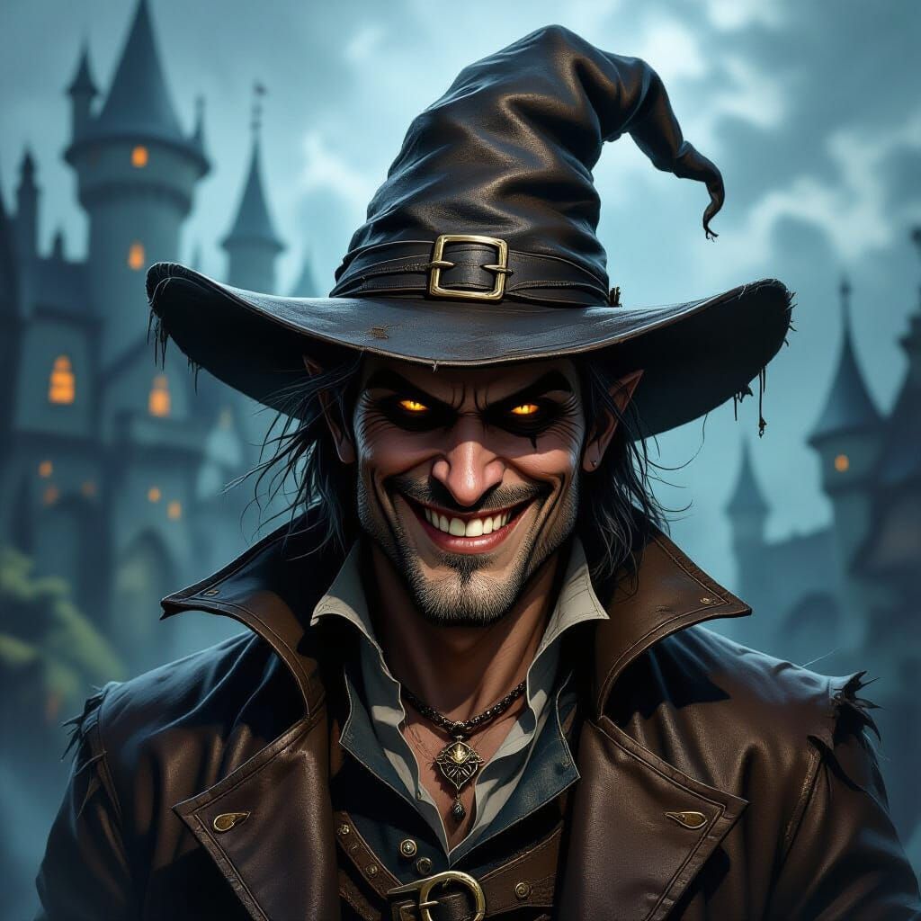 Gothic Fantasy Hat with Grin in Enchanted Castle Setting