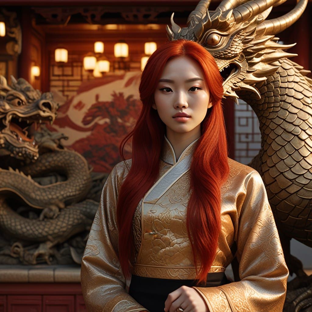 Asian Woman with Dragon Sculpture in Soft Realism