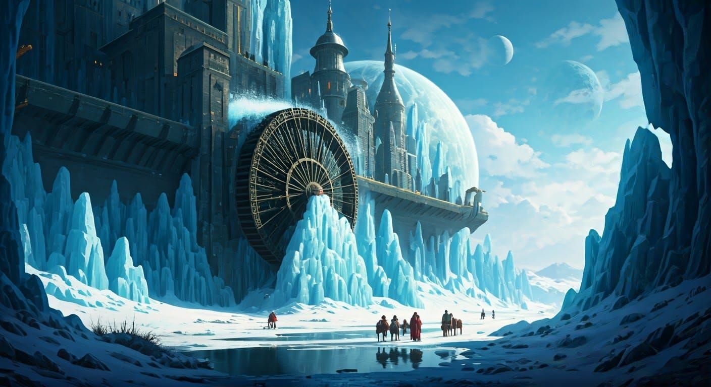 Cosmic Waterwheel in Ice Planet Landscape
