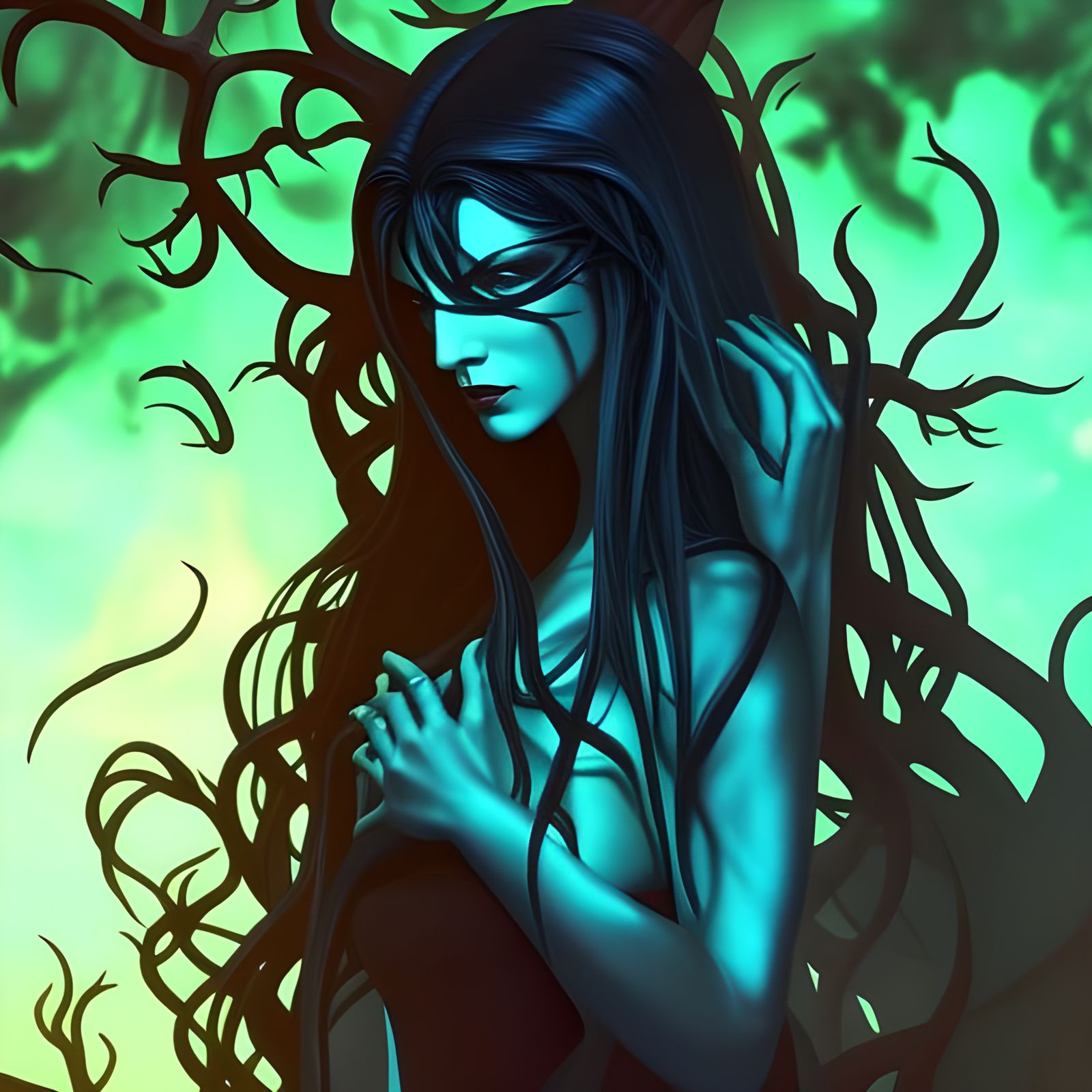 Eldritch Blood Goddess in a Dark Fantasy Tree