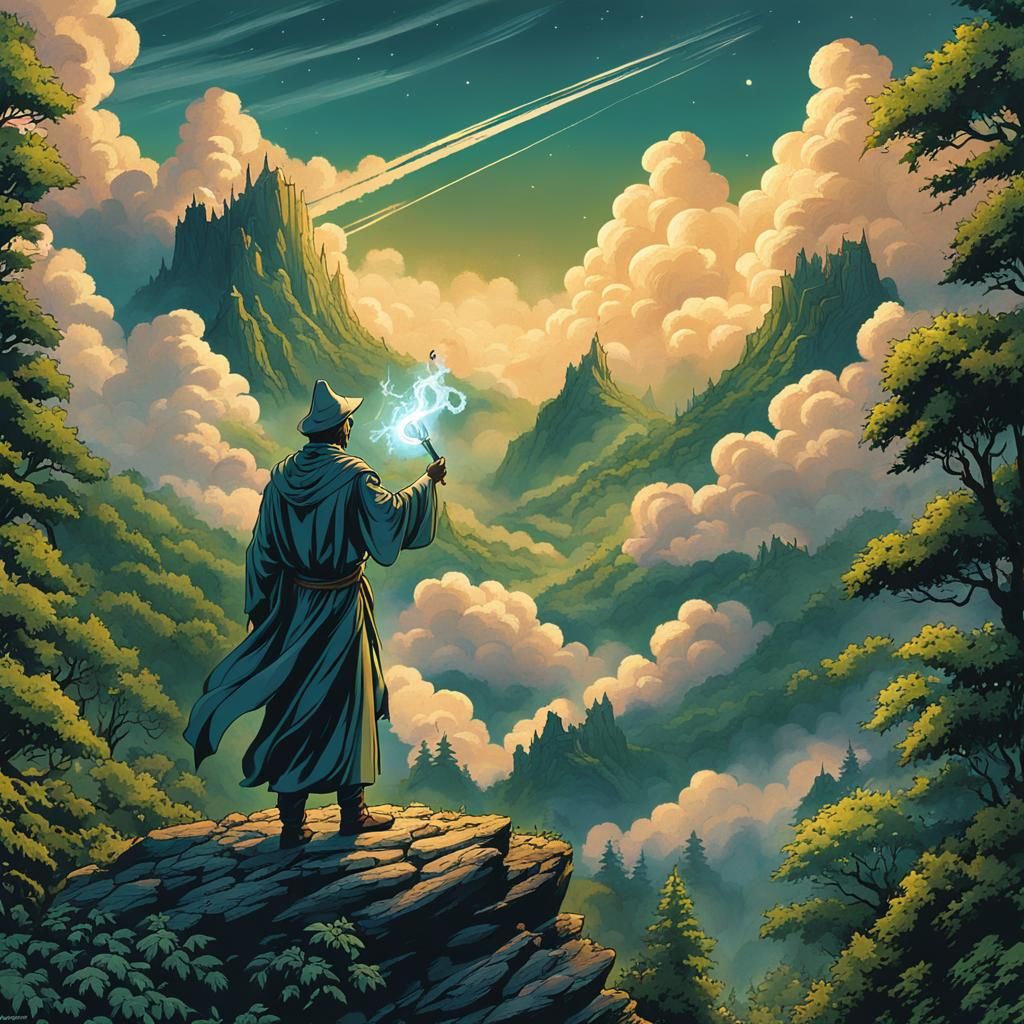 Cleric Casts Spell Atop Herbal Forest Mountain