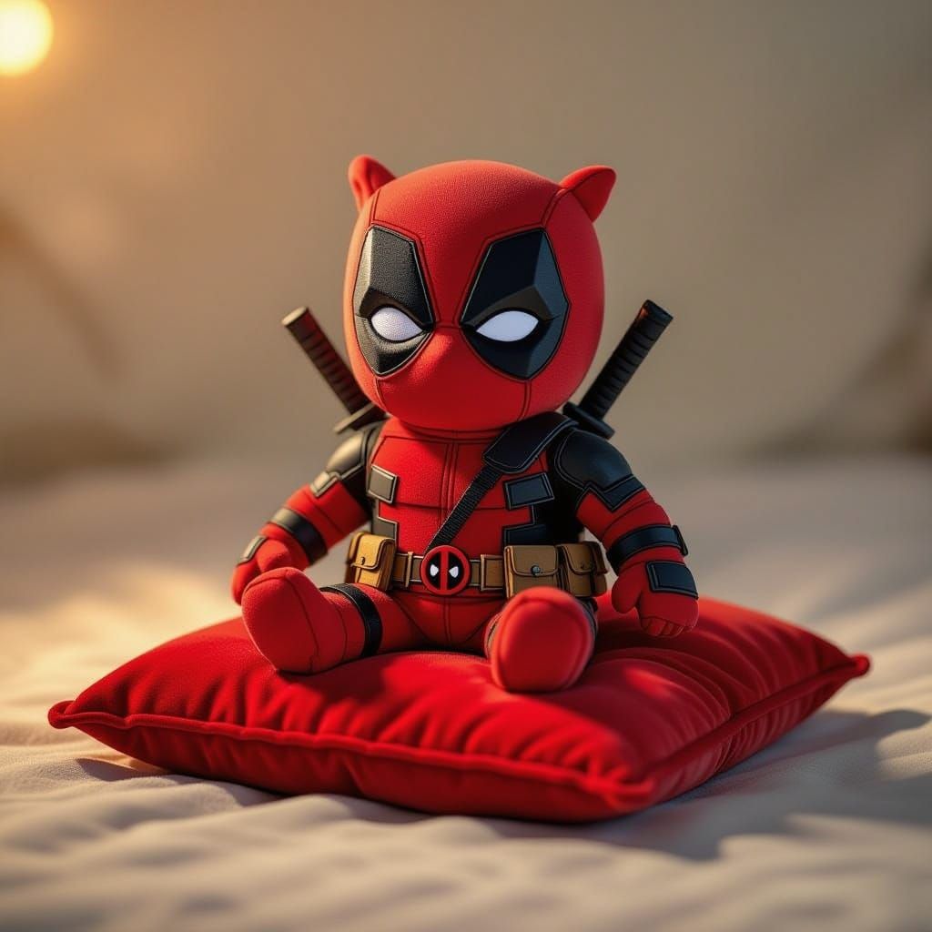 Deadpool Plush Toy on Velvet Cushion