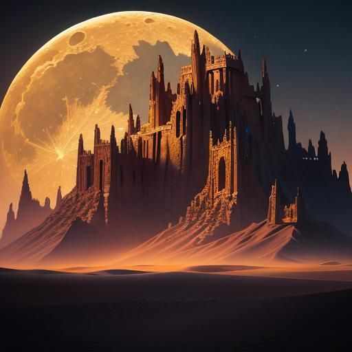 Dramatic Desert Landscape Under Full Moon: Digital Painting