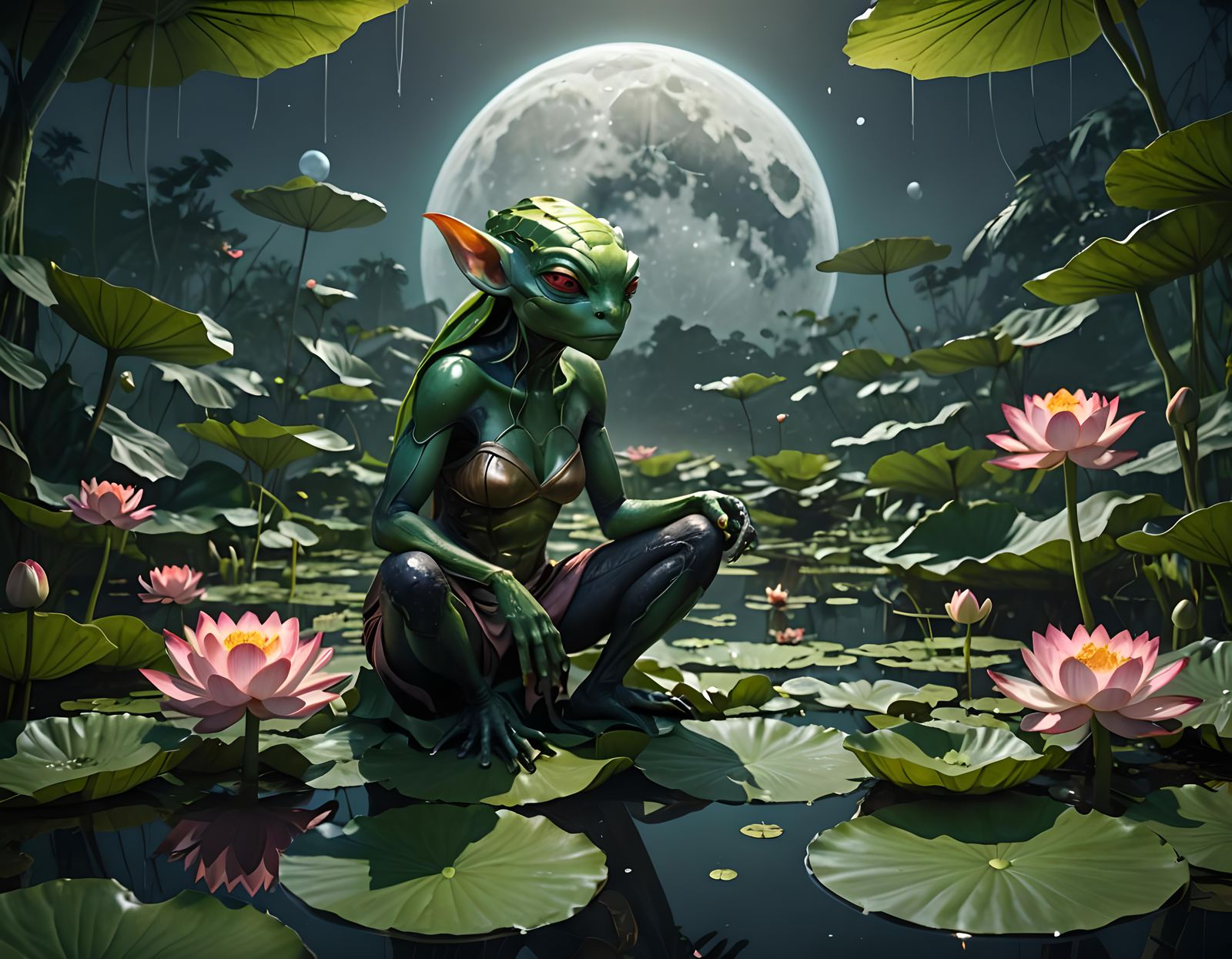 Alien Girl on Lotus Leaf in Pond, Detailed Matte Painting
