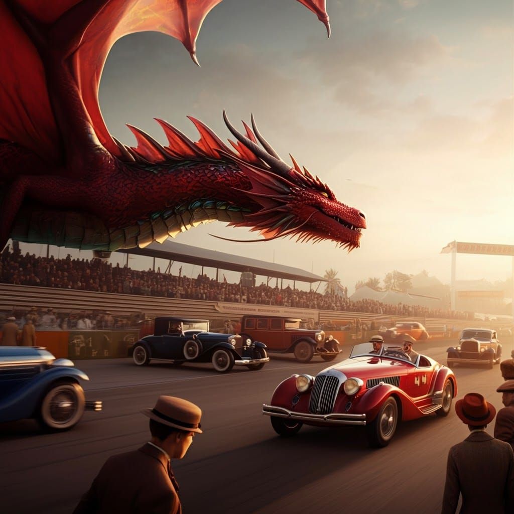 Hybrid Dragon Soaring Above 1930s Racetrack